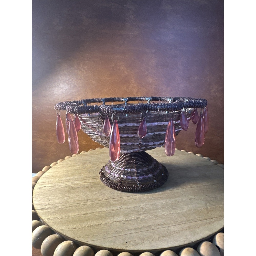 Vintage Glass Beaded Wire Pedestal Basket Scalloped Edge Compote Metal Frame